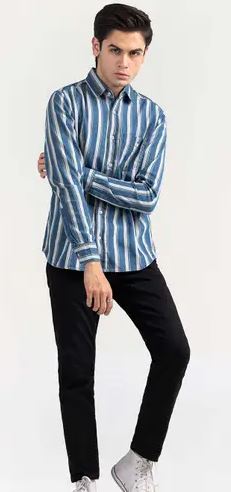 Blue Striped Casual Denim Shirt 